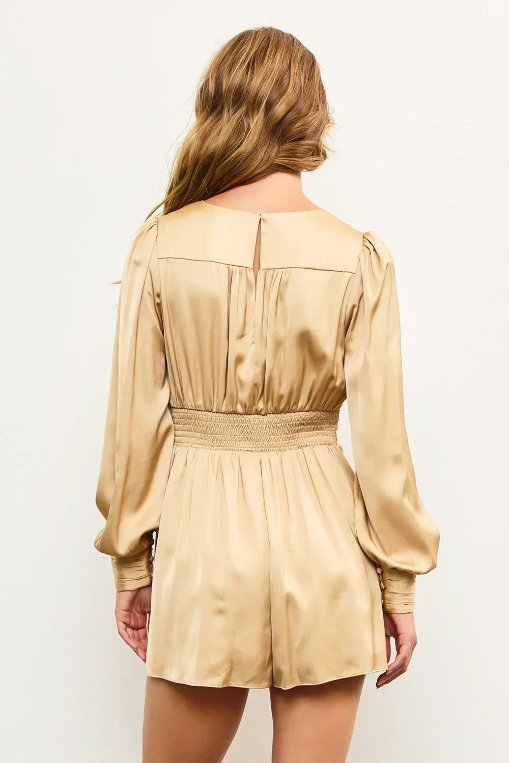 Golden Satin Wrap Gathered Waistband Deep V-Neck Long Sleeve Romper
