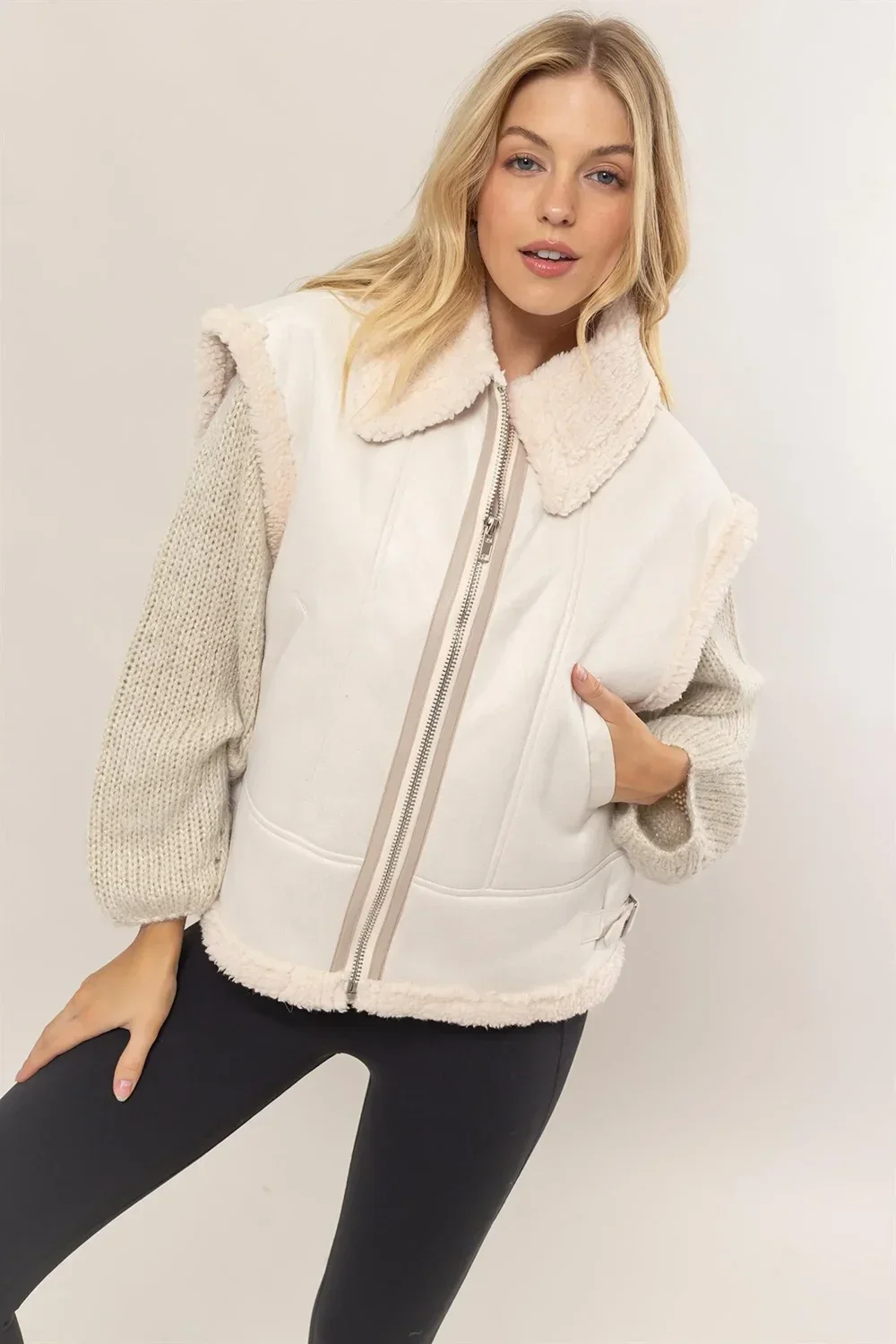 Sherpa Lined Suede Zip Up Fleece Collar Casual Vest