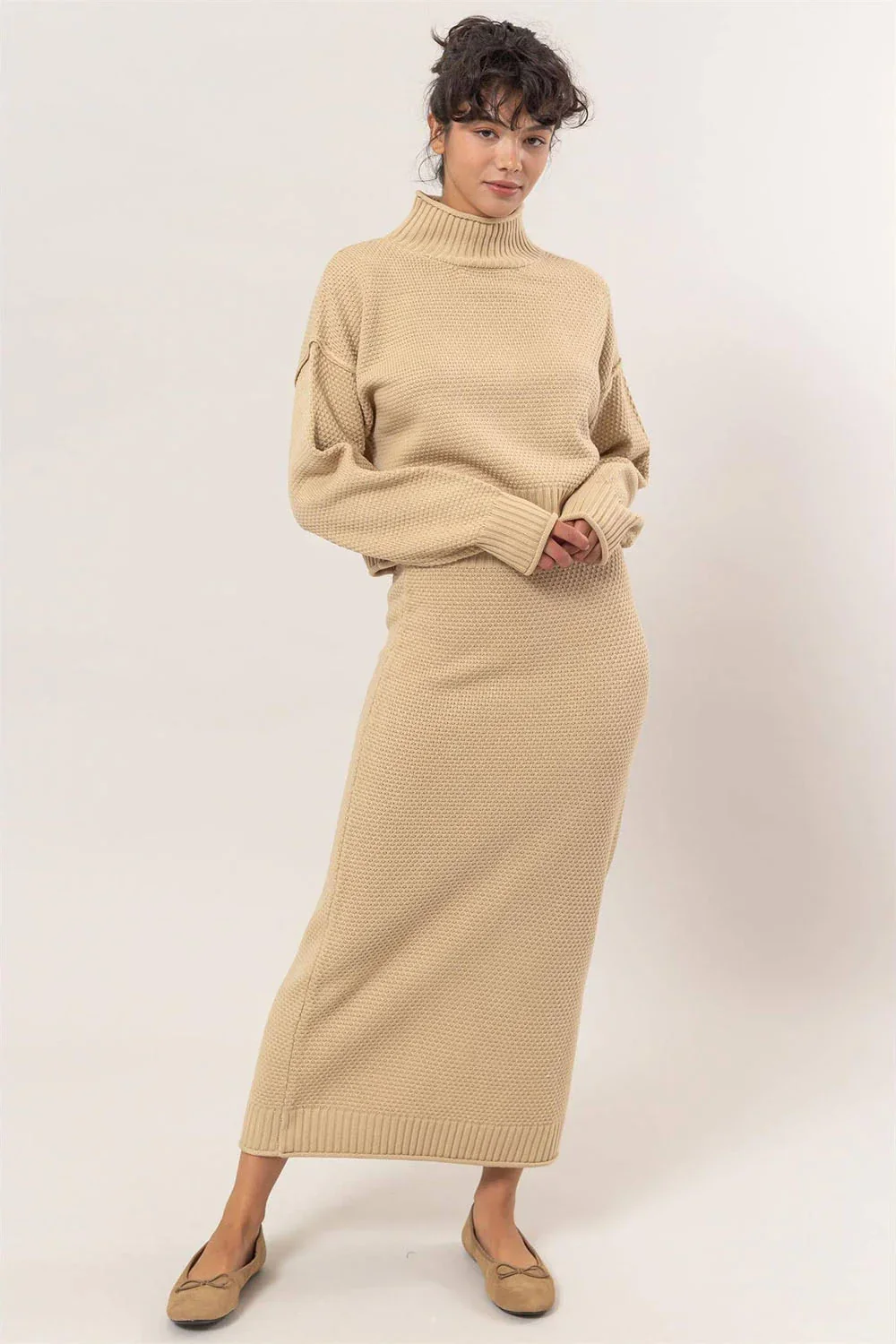 Oversized Turtleneck Sweater Matching Midi Skirt Knit Two Piece Set