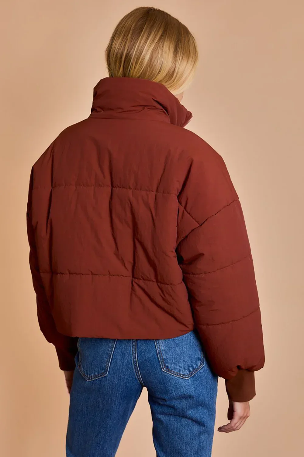 Quilted Puffer Stand Collar Zipper Pockets Cropped Bomber Jacket