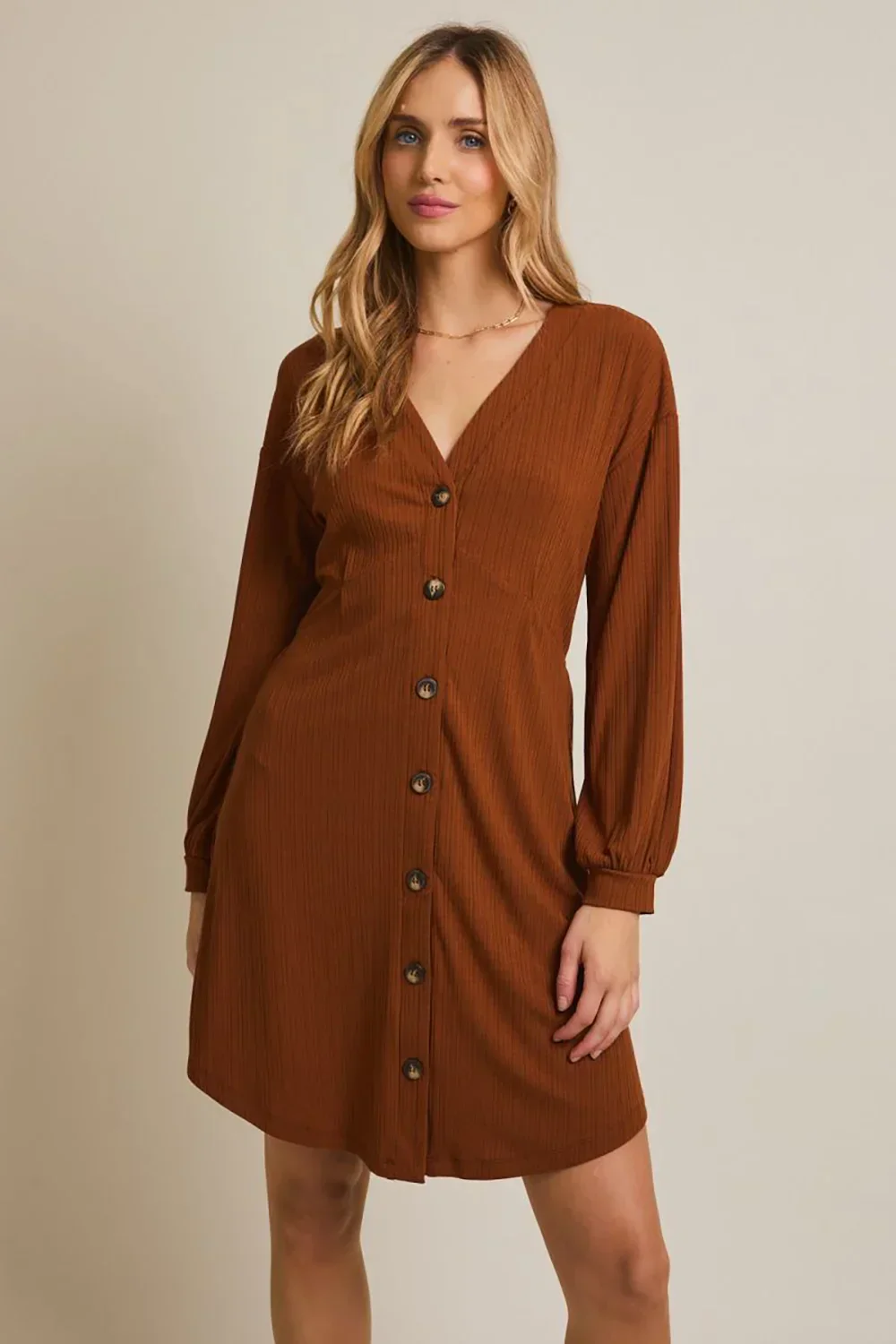 Rust Brown Ribbed Knit Balloon Sleeves Button-Front V-Neck Mini Dress