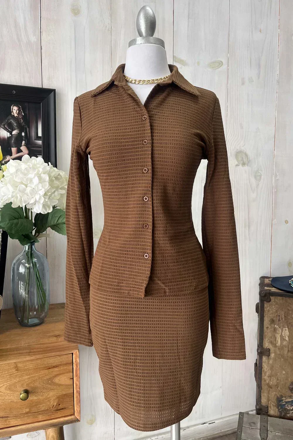 Textured Long Sleeve Button Front Shirt & Mini Skirt Set