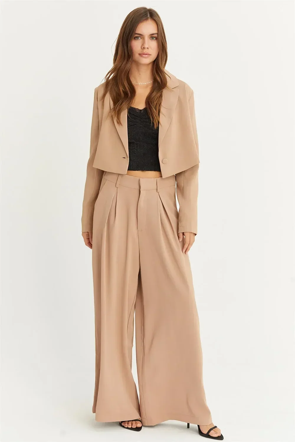 Cropped Blazer & High Rise Wide Leg Two-Piece Set