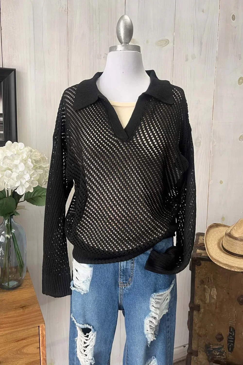 Long Sleeve Collared Crochet Knit Black Boutique Top