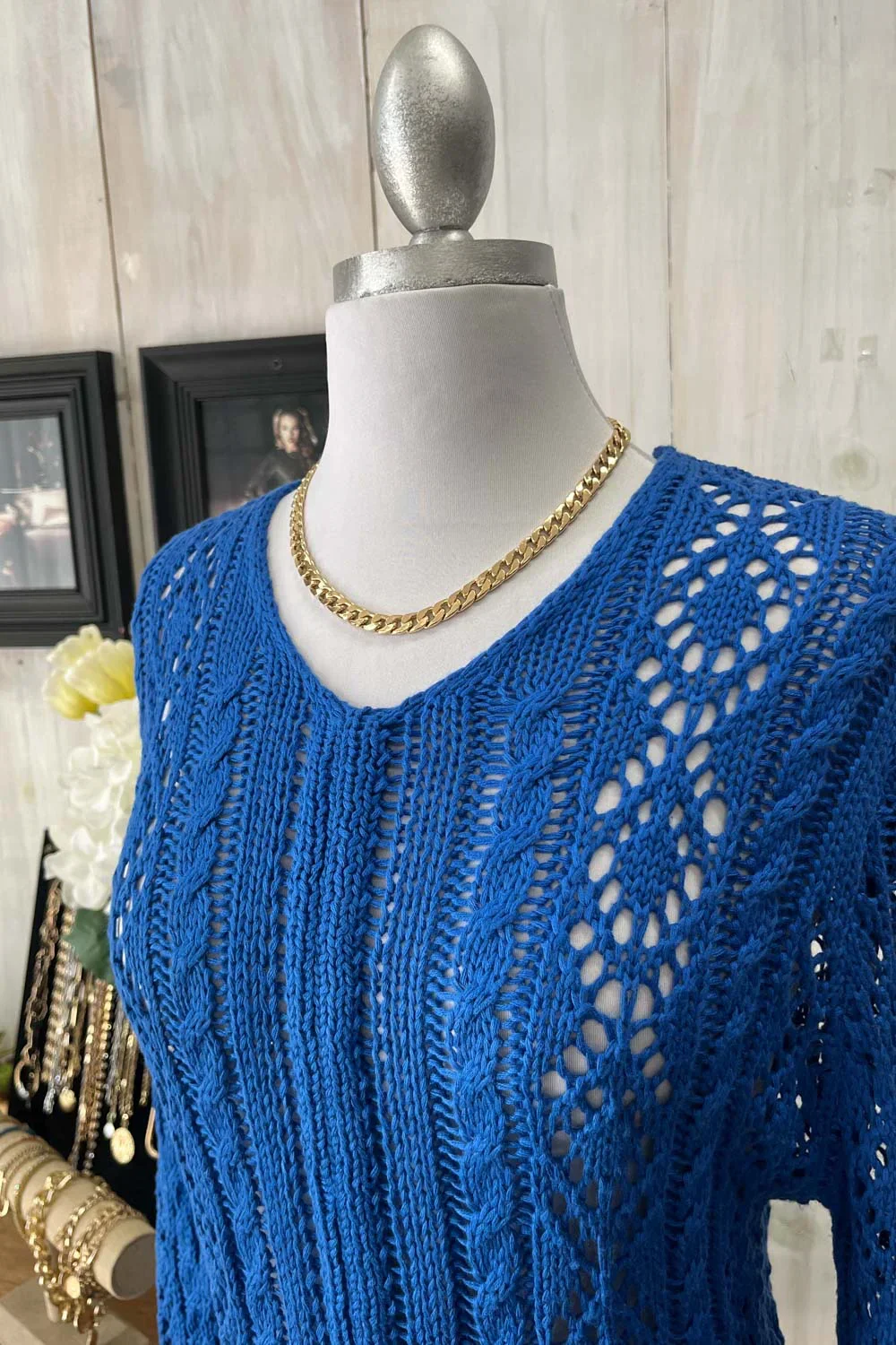 Crochet Cable Knit V-Neck Long Sleeve Eyelet Details Midi Dress