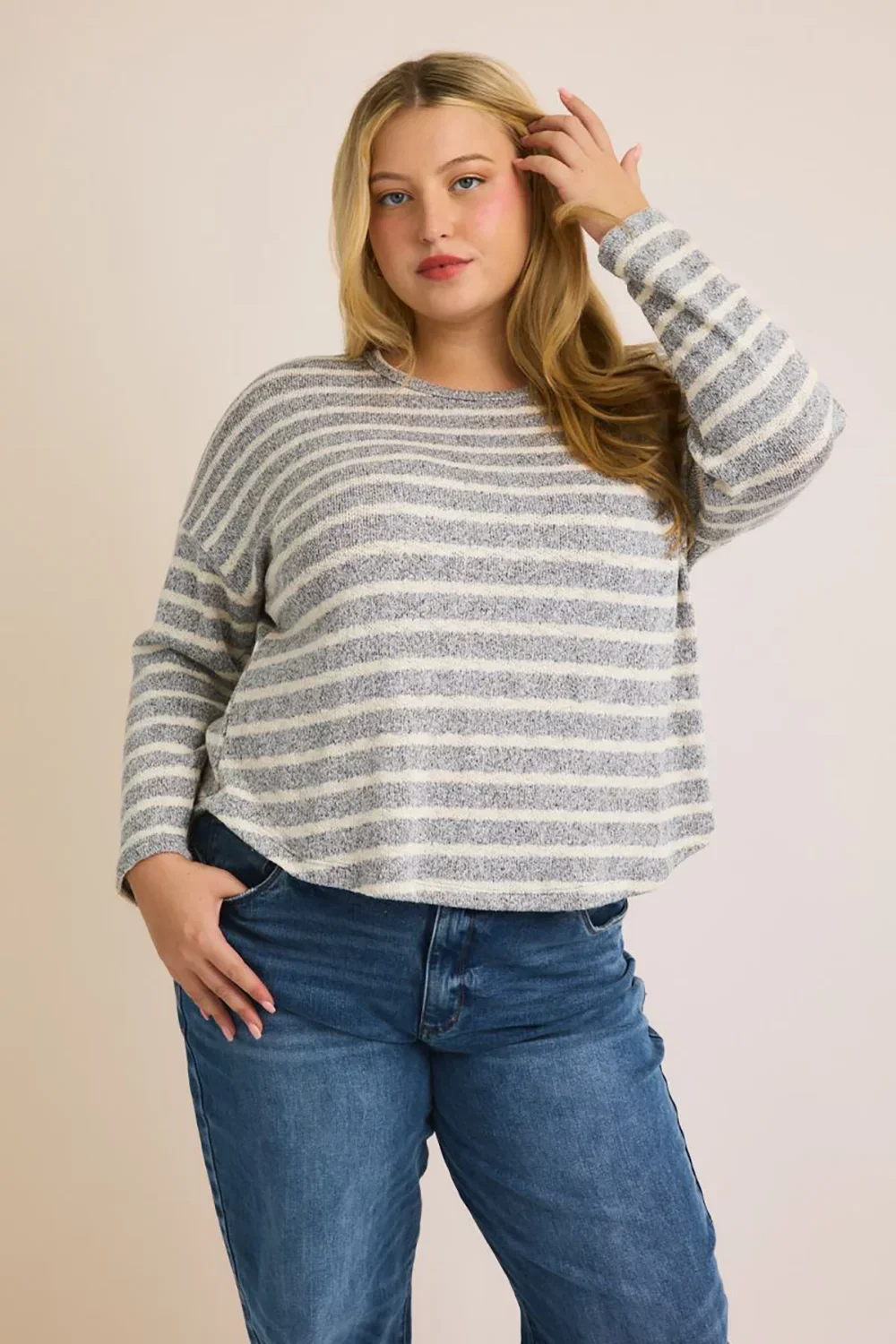 Plus Size Grey Cream Striped Long Sleeve Scalloped Hem Relaxed Fit Knit Top
