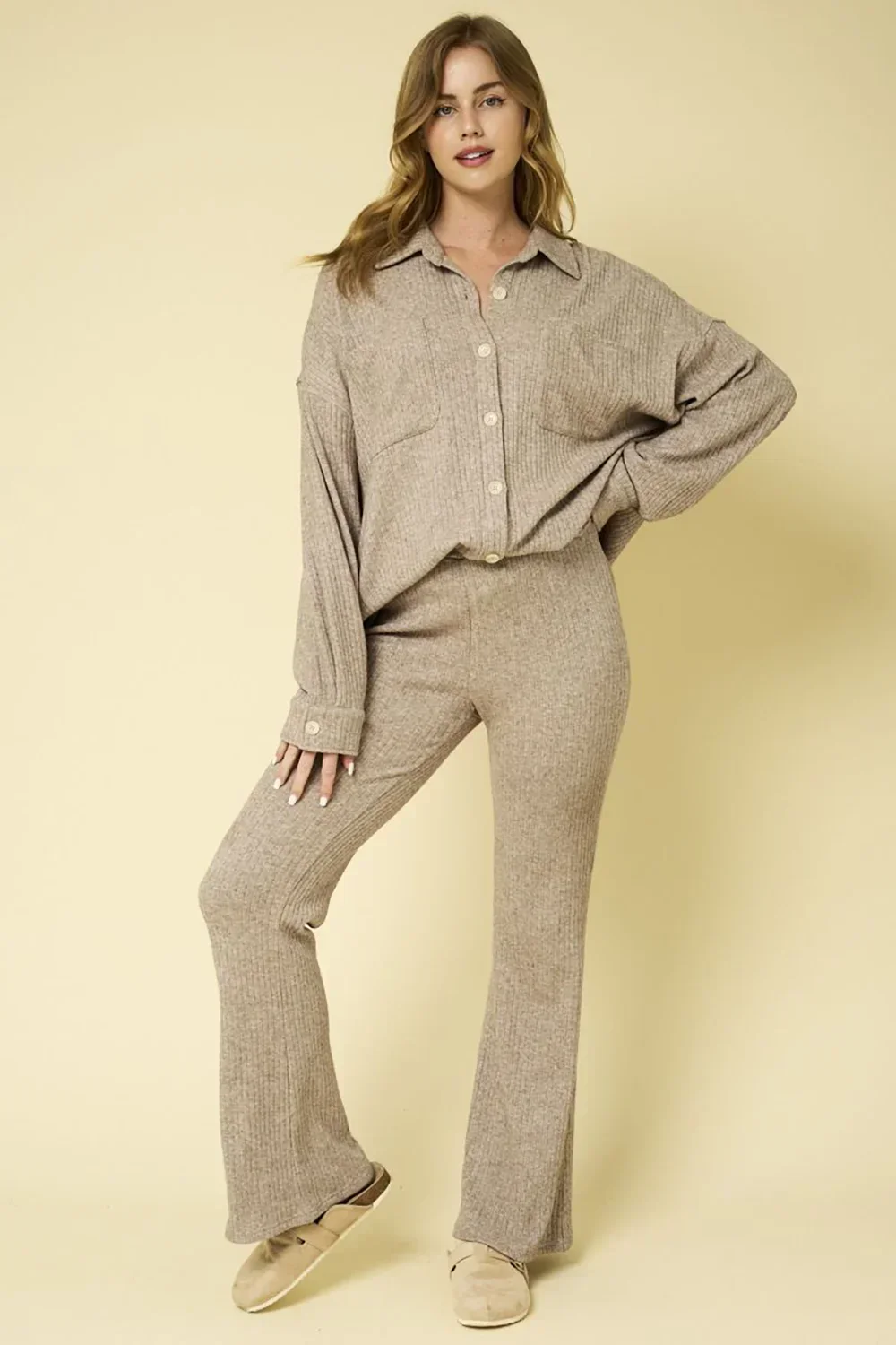 Taupe Ribbed Knit Button Front Shacket Flare Pants Lounge Set
