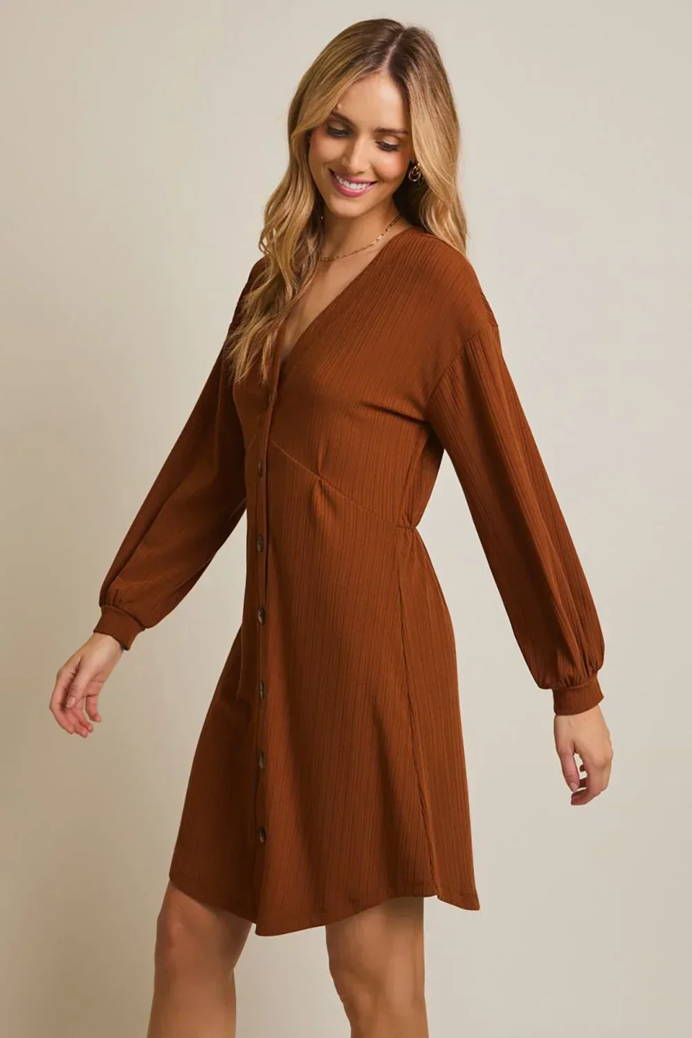 Rust Brown Ribbed Knit Balloon Sleeves Button-Front V-Neck Mini Dress