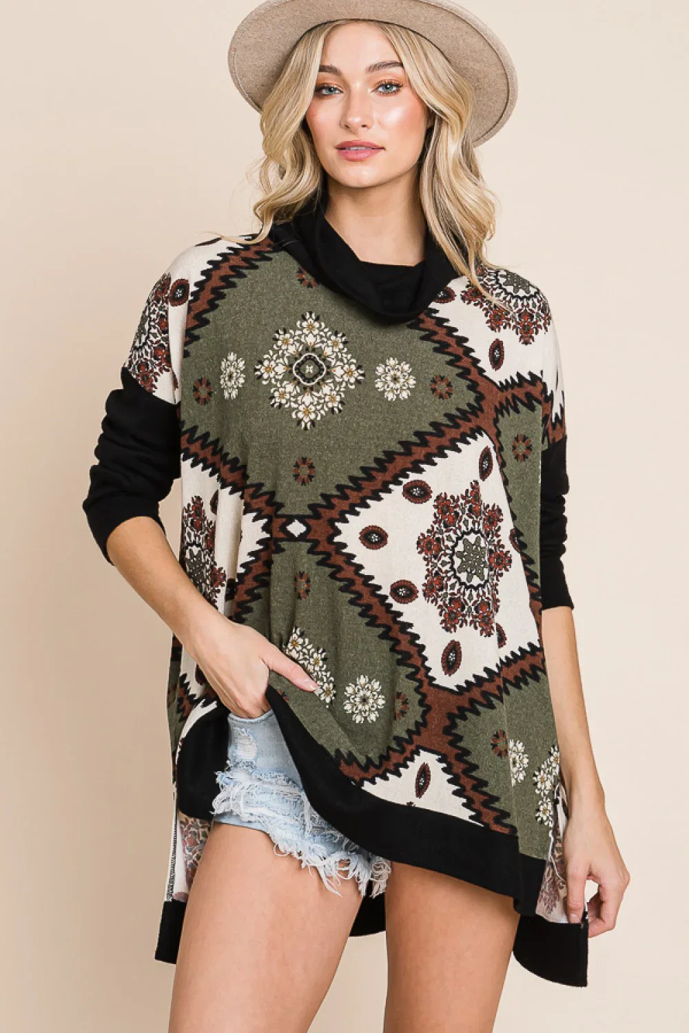 Plus Size Aztec Print Color Block Mock Neck High Low Hem Boho Sweater Top