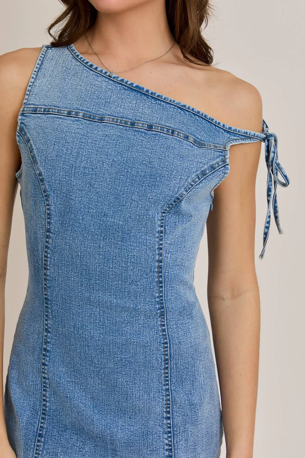 Asymmetrical One-Shoulder Denim Contemporary Edgy Chic Mini Dress