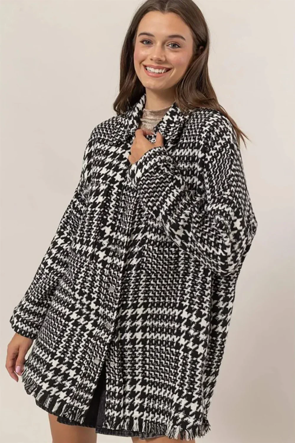 Black White Houndstooth Oversized Long Fringe Open Front Coat