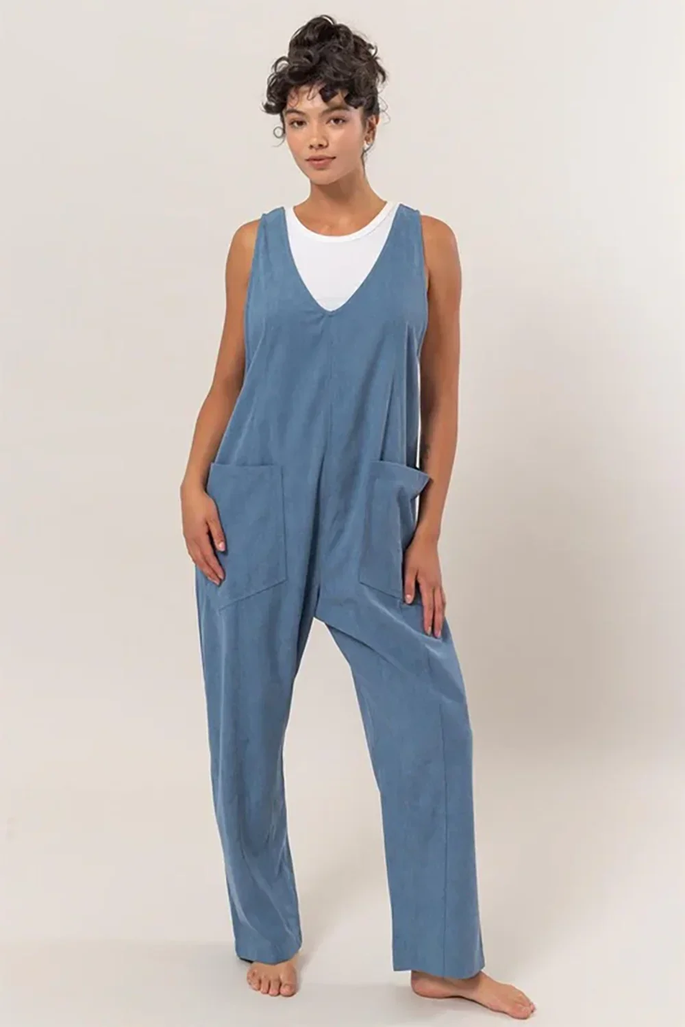 Corduroy Sleeveless V Neck Wide Leg Harem Overall Long Pants Jumpsuit