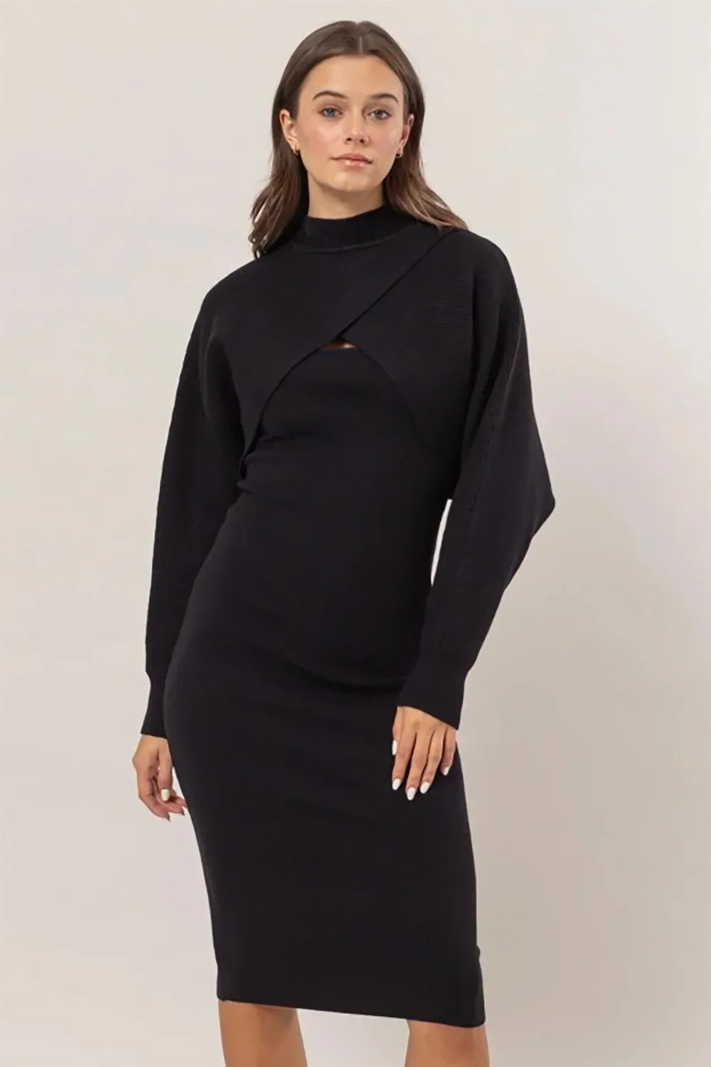 Ribbed Sleeveless Round Neck Midi Dress & Crop Cami Long Sleeve Sweater Set