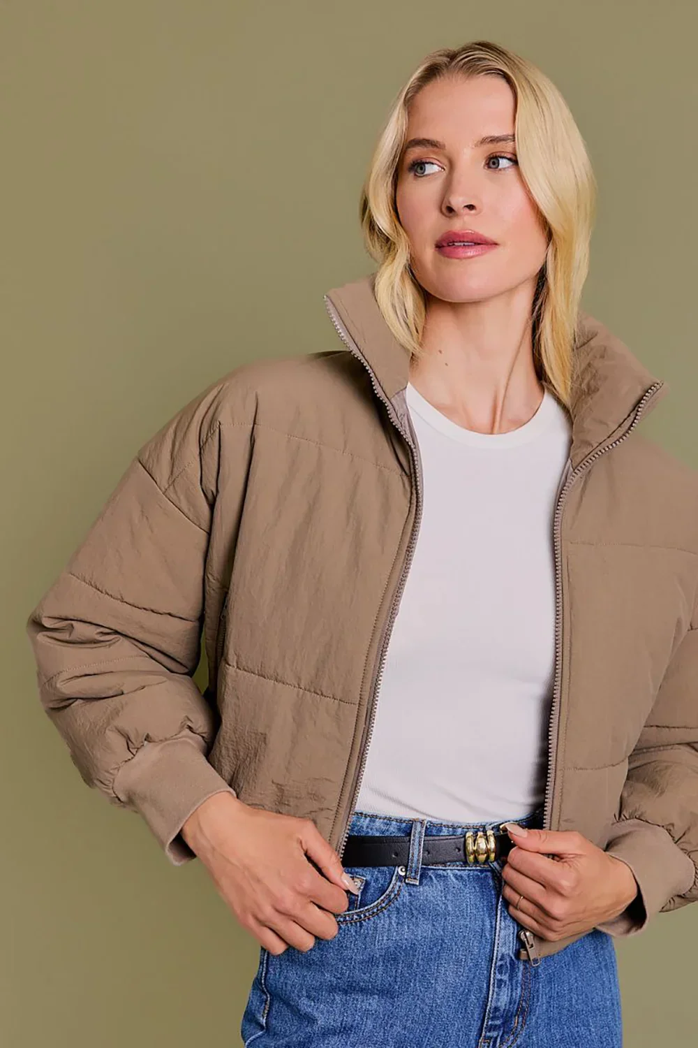 Quilted Puffer Stand Collar Zipper Pockets Cropped Bomber Jacket