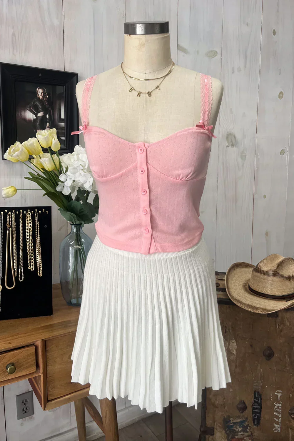 Ribbed Knit Button Front Corset Bustier Delicate Lace Trim and Bow Details Top