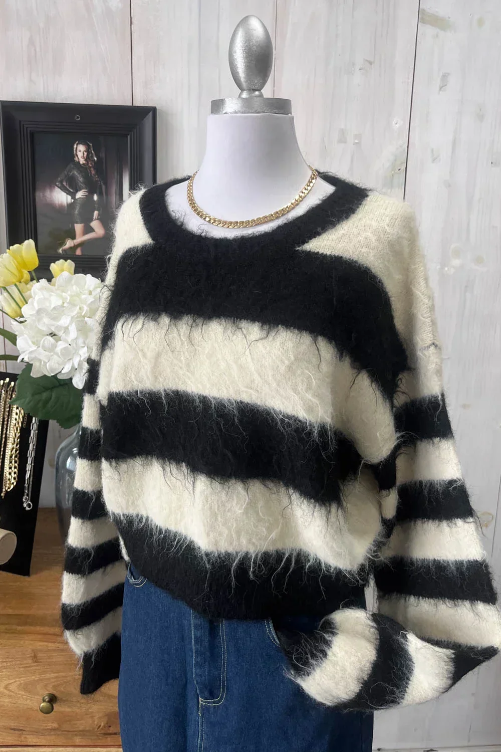 Black White Striped Fuzzy Knit Long Sleeve Cropped Sweater