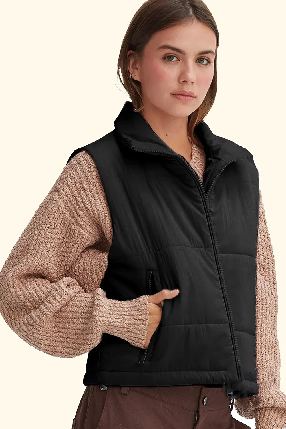 Lightweight Side Drawstring Front Pocket Neutral Puffer Quilted Vest