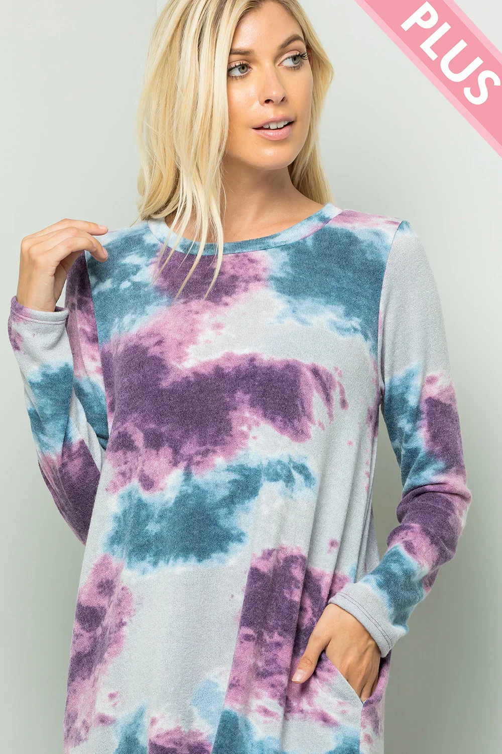 Plus Size Tie Dye Round Neck Long Sleeve Boutique Knit Tunic Dress