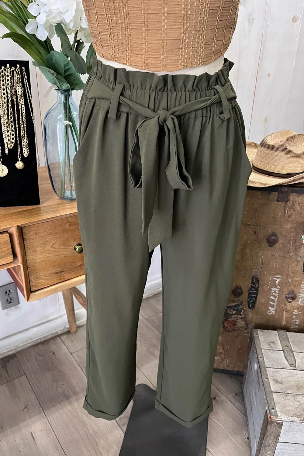 High Waisted Paperbag Waist Tie Belt Cropped Pants Trendy Trousers