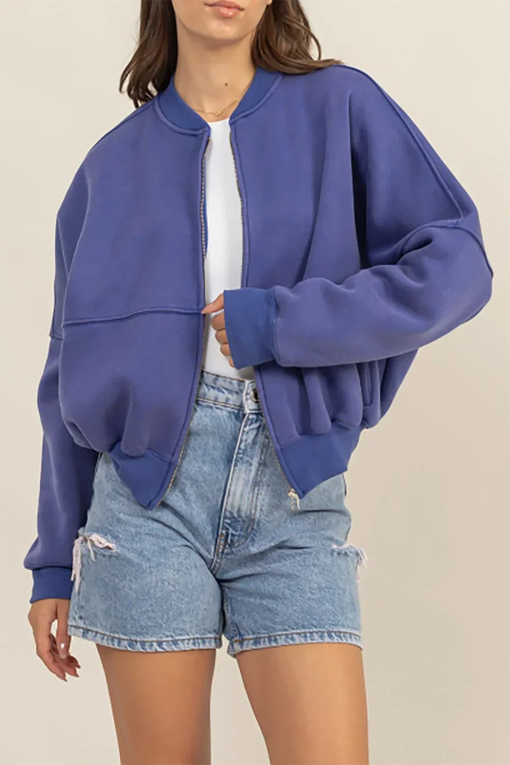 Cozy Washed French Terry Ribbed Collar Zip Up Casual Jacket