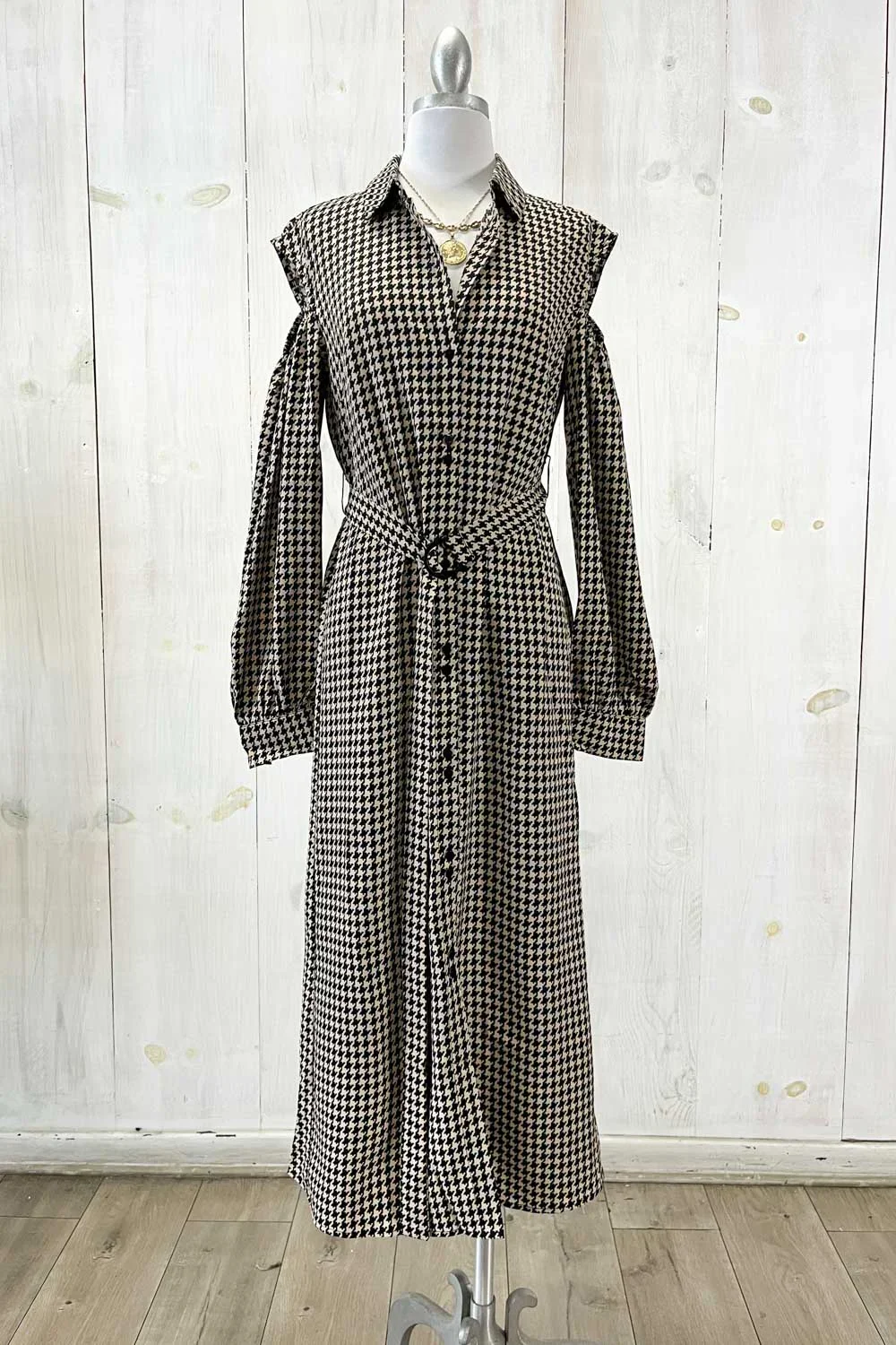 Houndstooth Print with Belt Cold Shoulder Long Sleeve Midi Shirt Dress