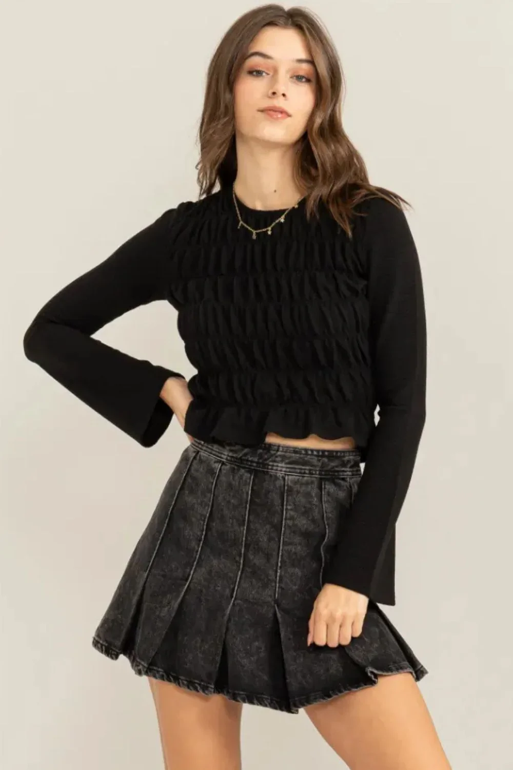 Sheer Long Sleeve Textured Ruched Front Trendy Cropped Top