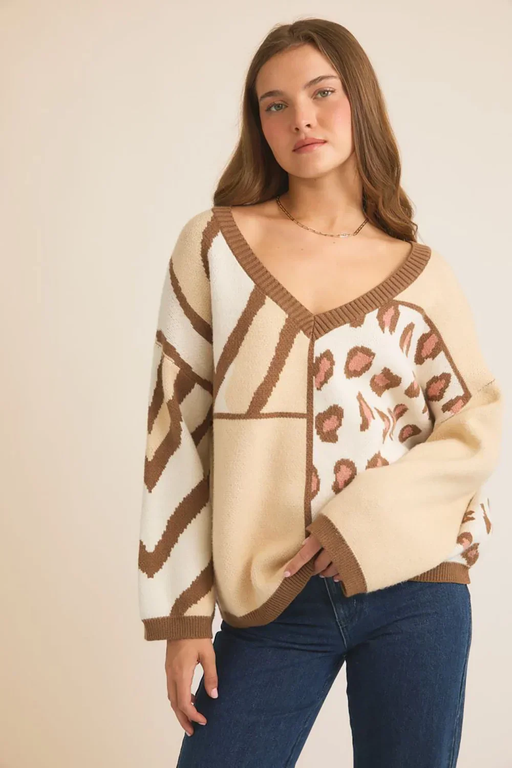 Oversize Cream Leopard and Zebra Patterns Colorblock V Neck Sweater