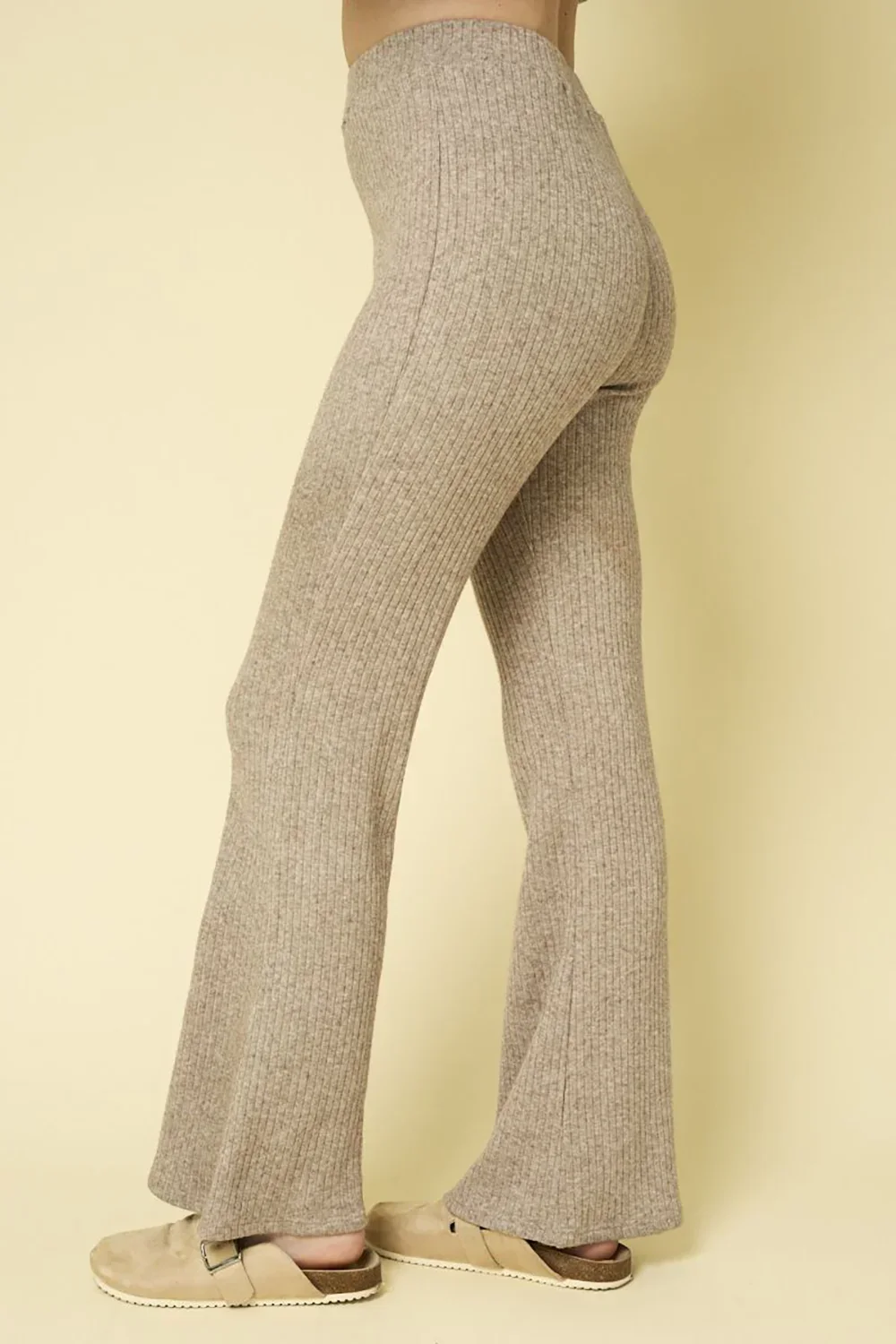 Taupe Ribbed Knit Button Front Shacket Flare Pants Lounge Set