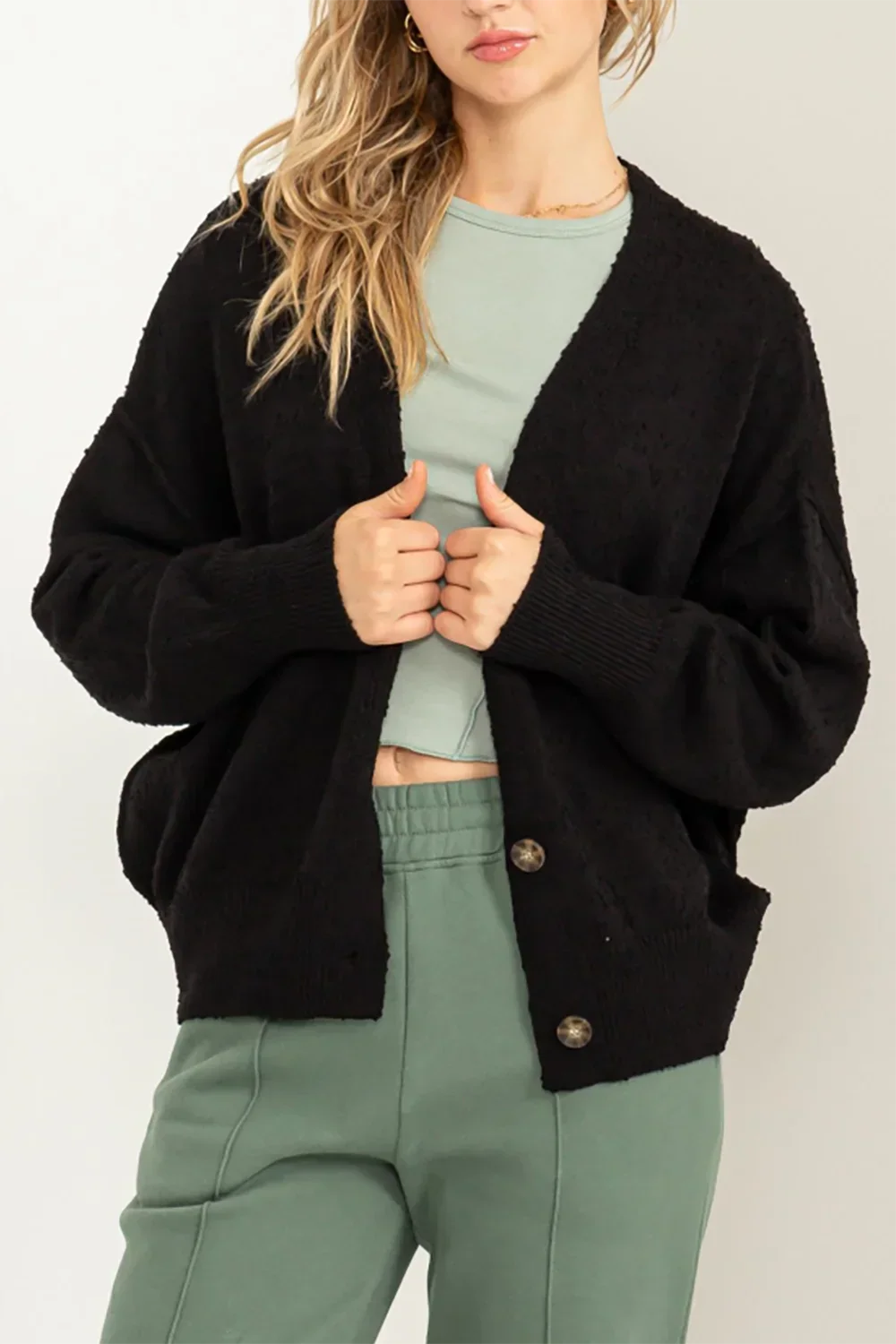 Black Button Down Long Sleeve Knit Layering Boho Style Cardigan Sweater