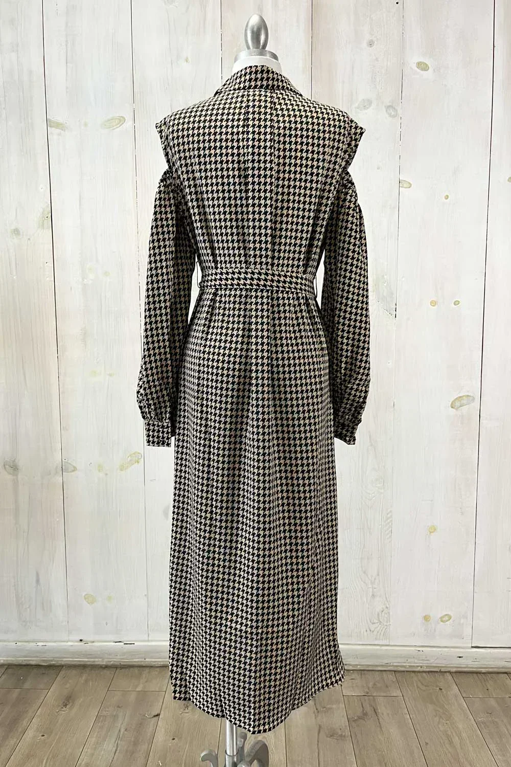 Houndstooth Print with Belt Cold Shoulder Long Sleeve Midi Shirt Dress
