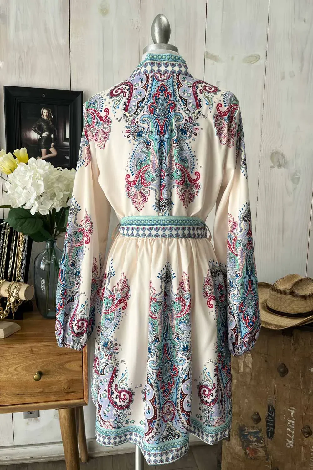 Bohemian Paisley V-Neck Long Sleeve Belted  Fashion Mini Dress