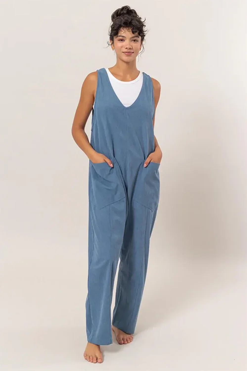 Corduroy Sleeveless V Neck Wide Leg Harem Overall Long Pants Jumpsuit