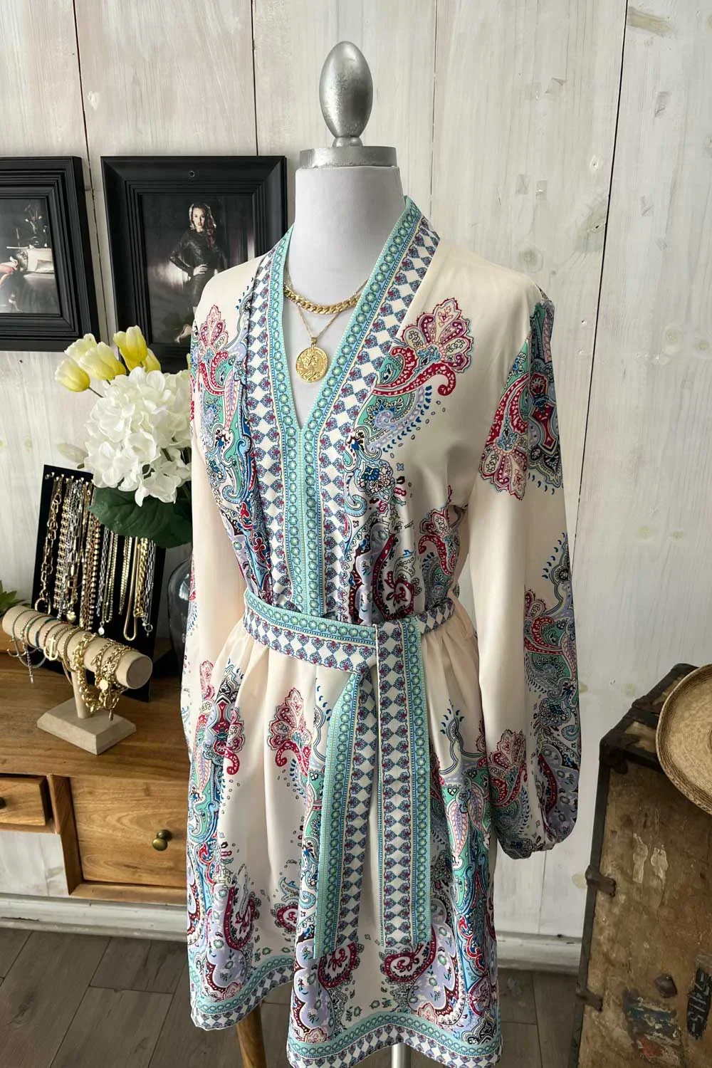 Bohemian Paisley V-Neck Long Sleeve Belted  Fashion Mini Dress