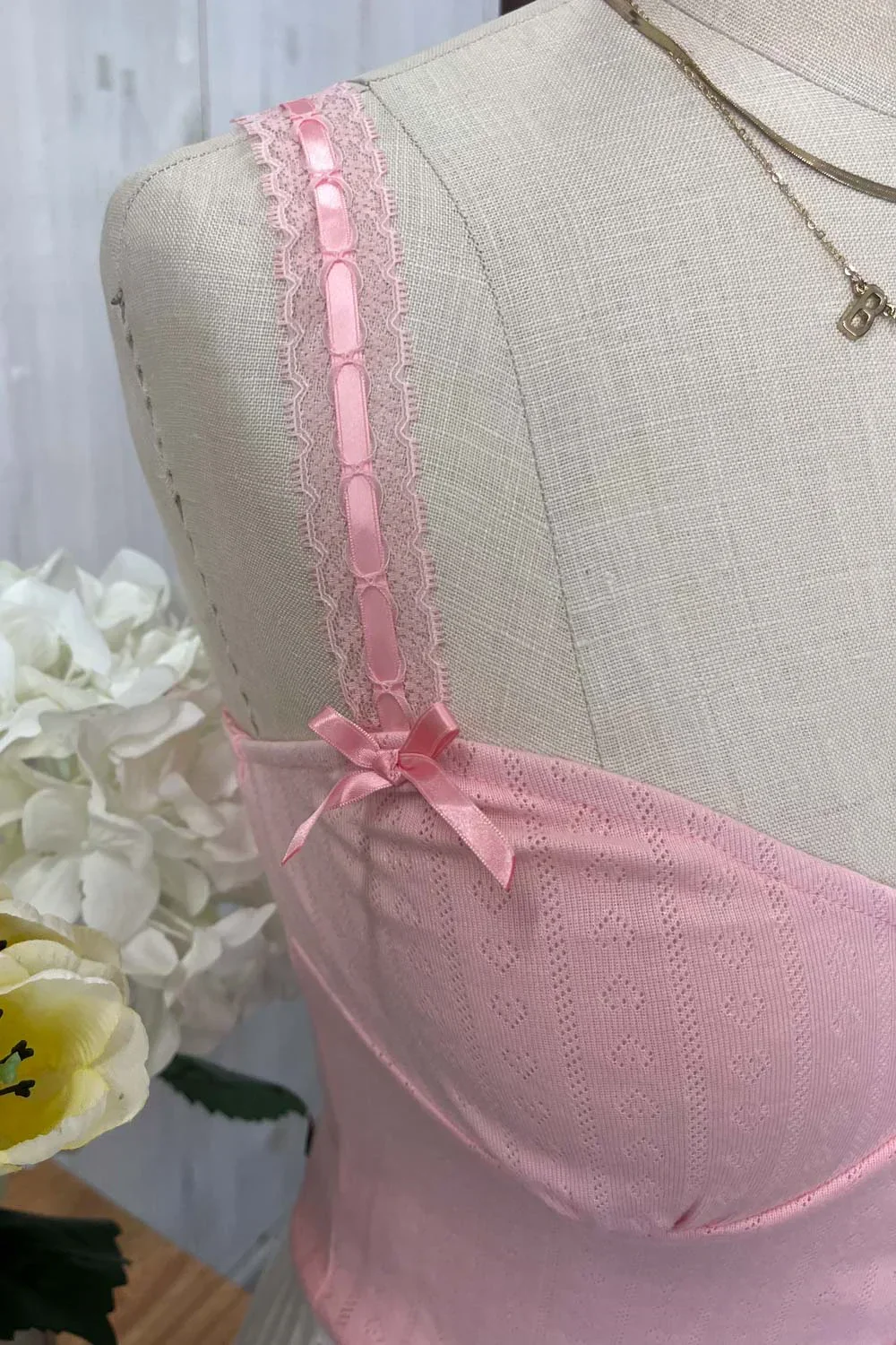 Ribbed Knit Button Front Corset Bustier Delicate Lace Trim and Bow Details Top