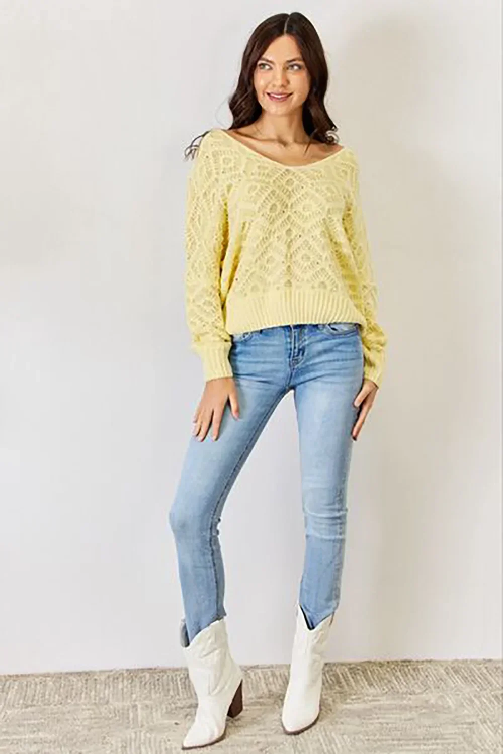 Lightweight Yellow Lace Knit Patterned Long Sleeve Pullover Wholesale Sweater