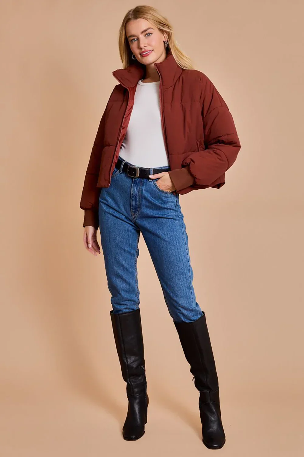 Quilted Puffer Stand Collar Zipper Pockets Cropped Bomber Jacket