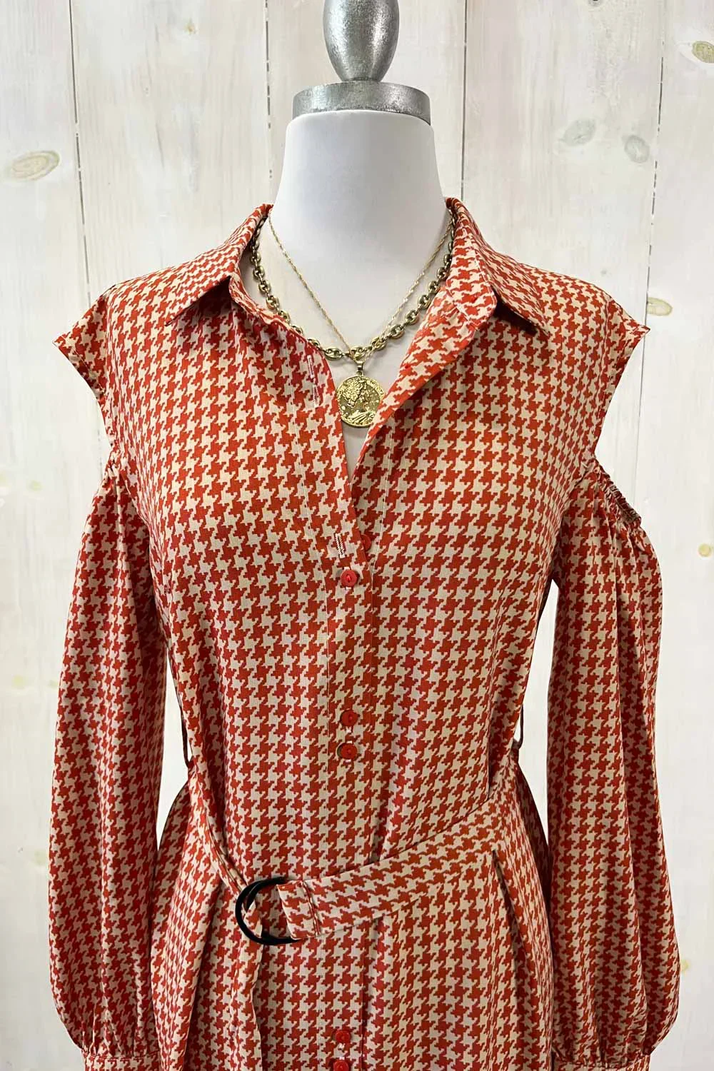 Houndstooth Print with Belt Cold Shoulder Long Sleeve Midi Shirt Dress