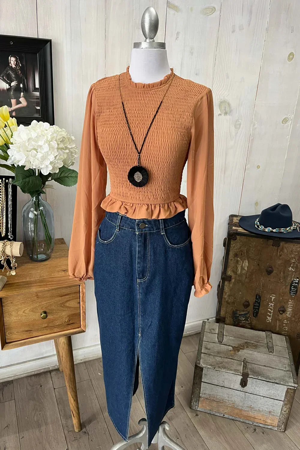 Smocked Long Sleeve Sheer Crop Top Trendy Boutique Fashion Top