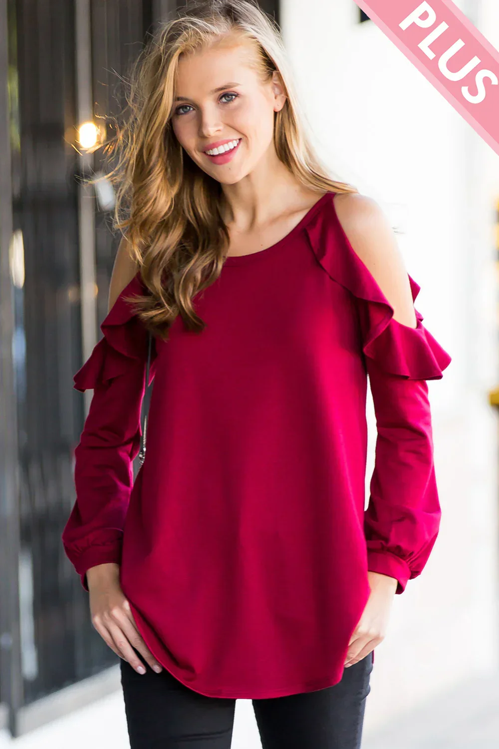 Plus Size Cold Shoulder Ruffle Sleeve Tunic Casual Boutique Blouse