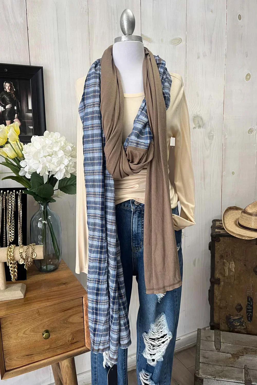 Reversible Blue Plaid Mocha Brown Soft Lightweight Fashion Scarf