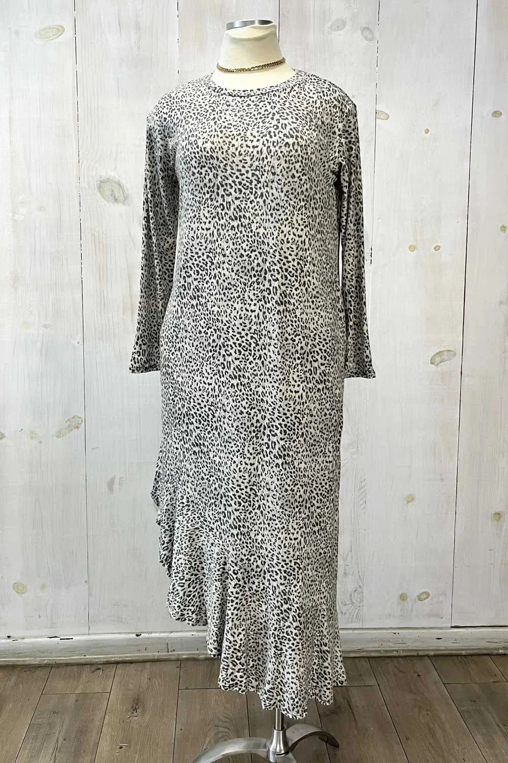 Plus Size Leopard Print Long Sleeve Side Pocket Asymmetric Maxi Dress