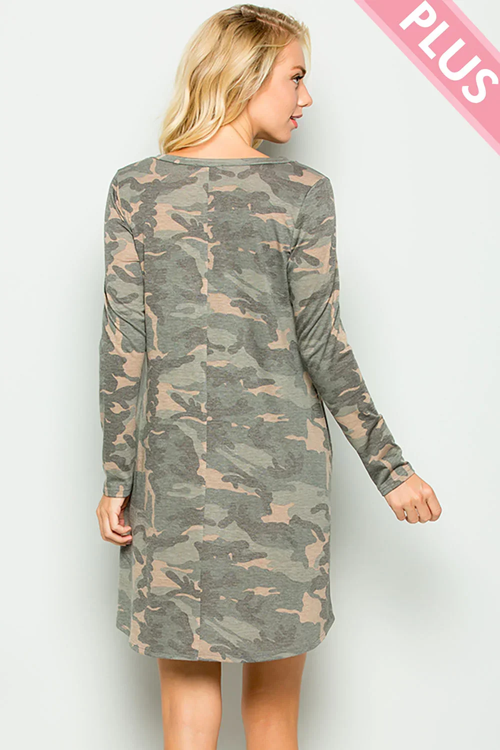 Plus Size Camo Long Sleeve Criss Cross Neckline Jersey Side Pockets Tunic Dress