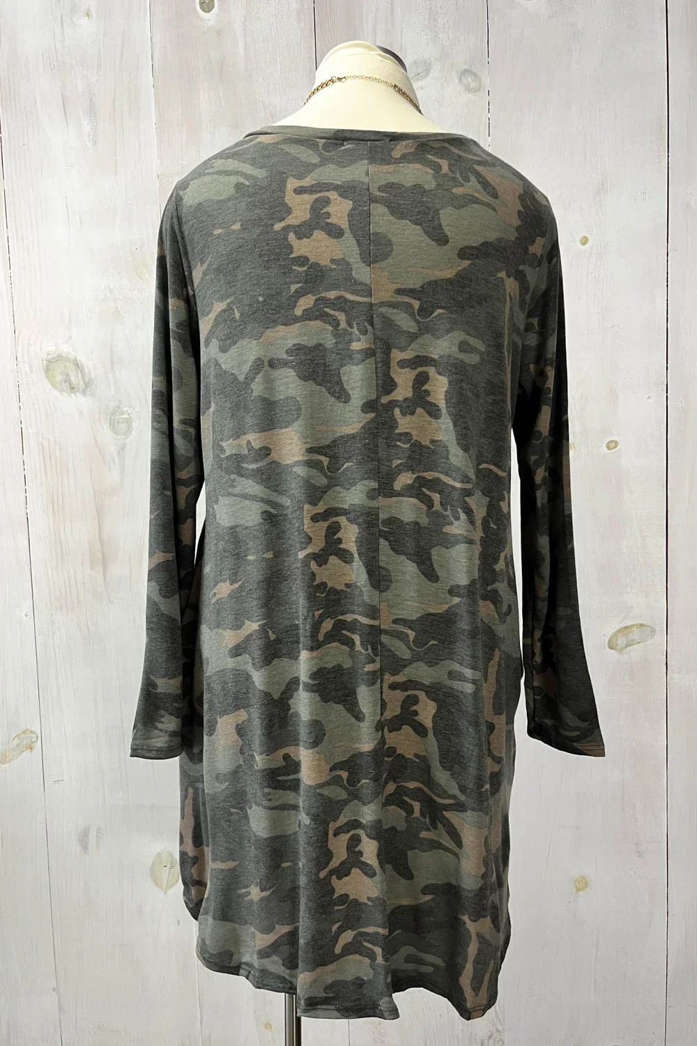 Plus Size Camo Long Sleeve Criss Cross Neckline Jersey Side Pockets Tunic Dress