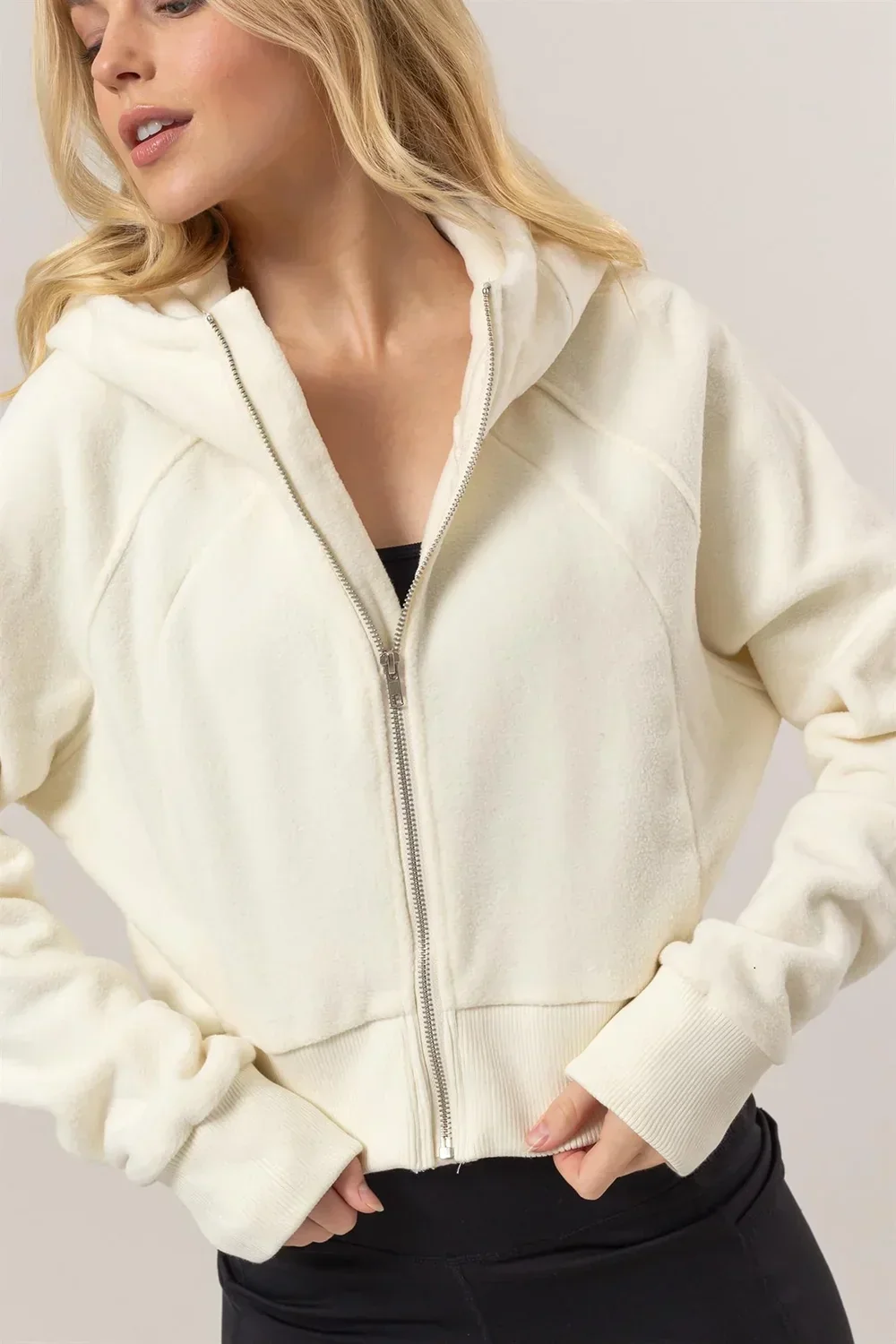 Cropped Zip Up Hooded Jacket Soft Fleece Brushed Scuba Hoodie
