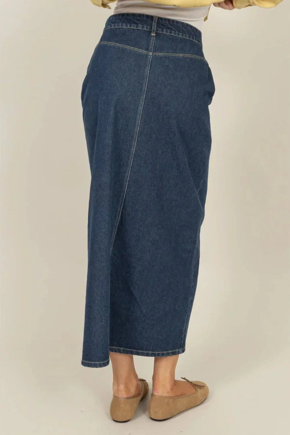 High Waisted Denim Skirt Front Slit Classic Blue Jean Boutique Midi Skirt