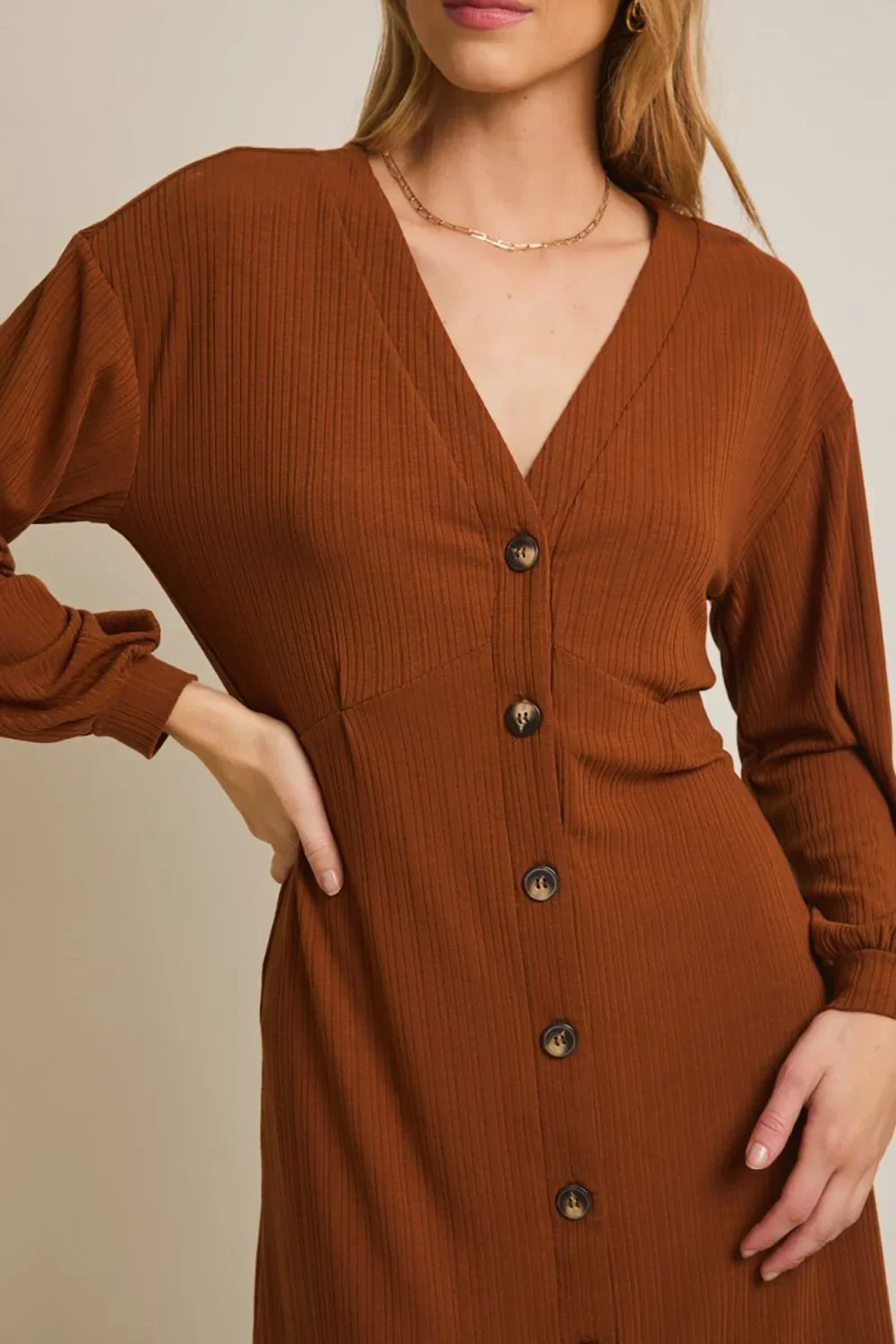 Rust Brown Ribbed Knit Balloon Sleeves Button-Front V-Neck Mini Dress
