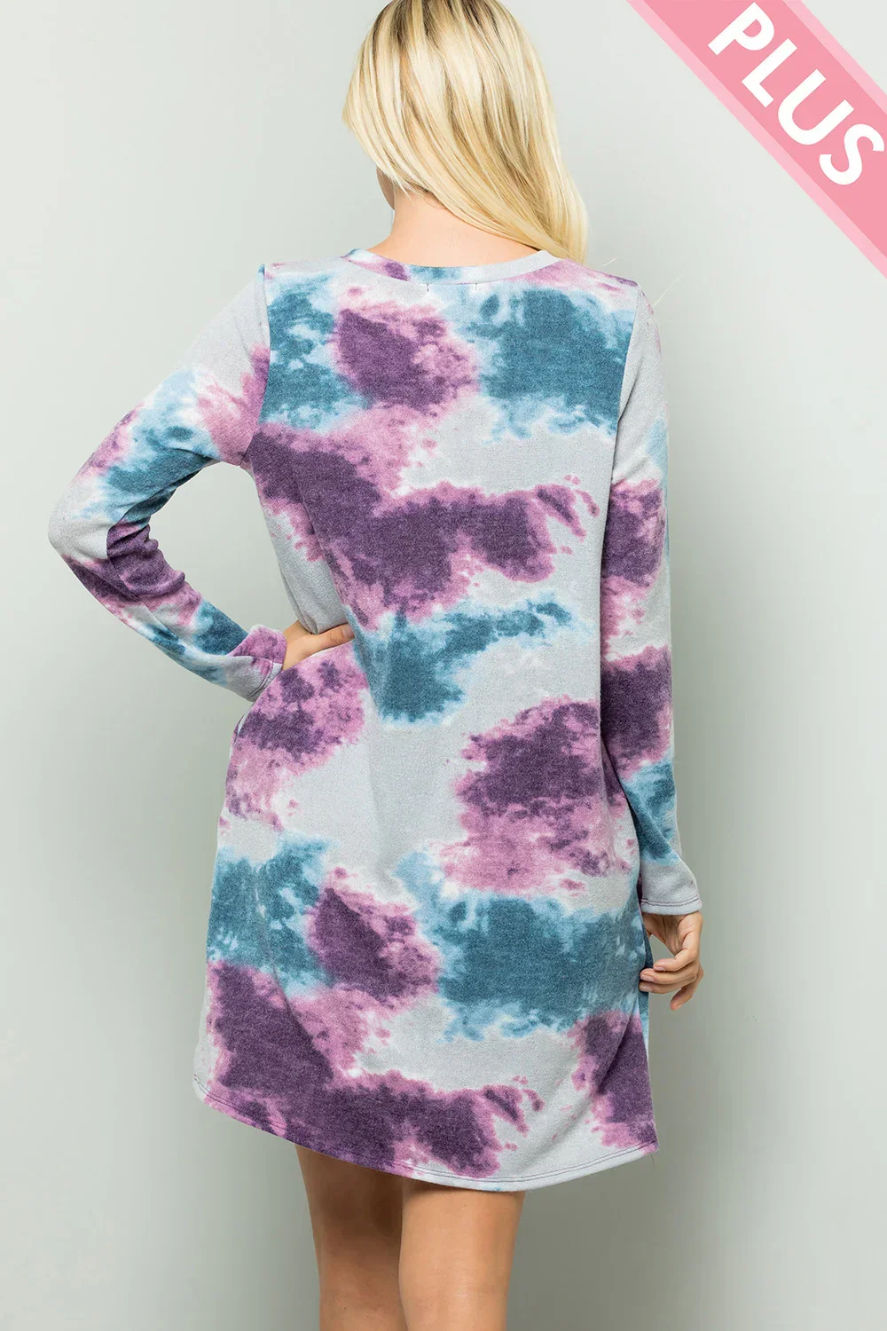 Plus Size Tie Dye Round Neck Long Sleeve Boutique Knit Tunic Dress