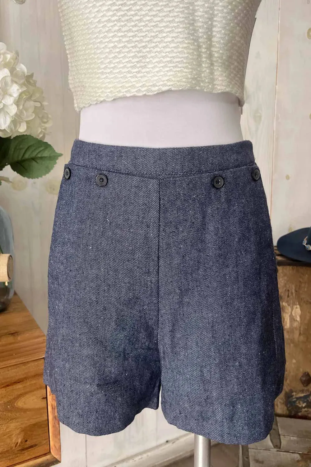 High Waisted Button Detail Tailored Summer Denim Fashion Shorts