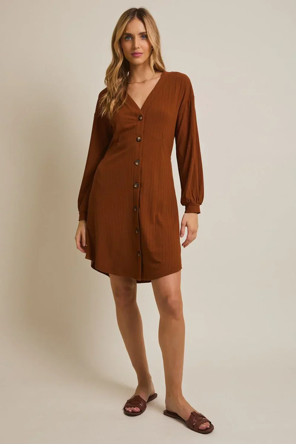 Rust Brown Ribbed Knit Balloon Sleeves Button-Front V-Neck Mini Dress