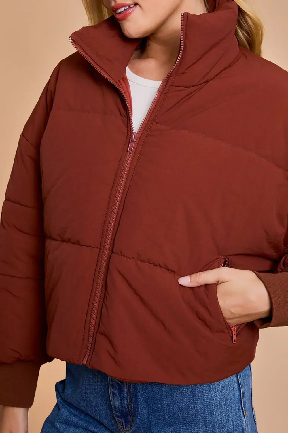 Quilted Puffer Stand Collar Zipper Pockets Cropped Bomber Jacket